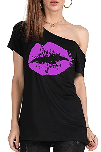 MAGICMK Women’s Short Lips Print Causal Off The Shoulder Plus Size T-Shirt Tops2