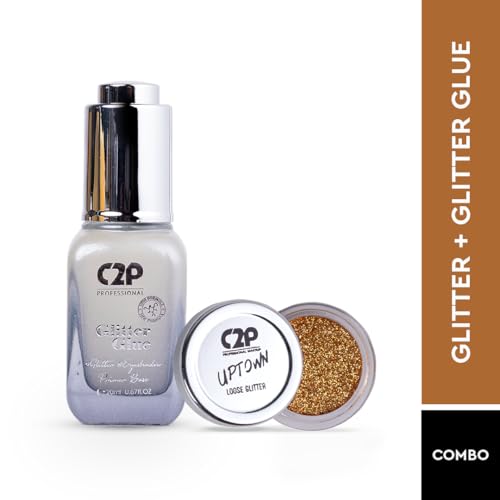 Image of C2P Pro Sparkle Duo Glitter and Glue Kit for Eyeshadow Eye Body Makeup | Waterproof Quick-Drying Shimmer Look | Long Lasting Festival Glitter Set (Naughty Gold 08)