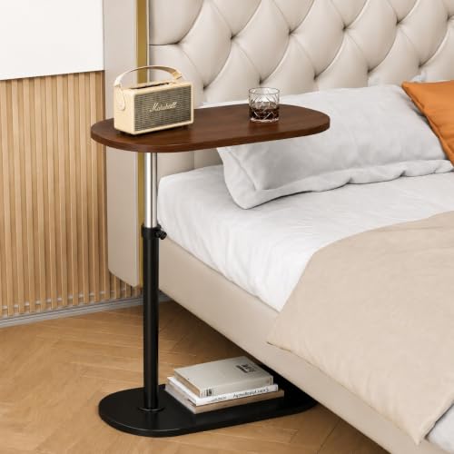 Image of Adjustable Table Stands Couch Side Table, Swivel TV Tray Table, 360 Top Moving C-Shaped End Table, Slides Under Couch Side Stand| (Black, Shinning (Natural)