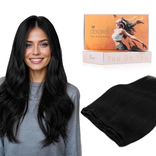Image of DOORES Sew in Hair Extensions, 18 Inch 120g Jet Black, Natural Weft Remy Hair Extensions Invisible Remy