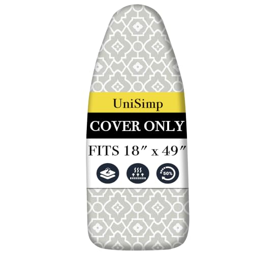 UniSimp Ironing Board Cover and Pad 18x49 Extra Thick Natural Cotton Scorch and Stain Resistant Iron Board Cover Wide Ironing Board Cover with Fasteners Heavy Duty Heatproof Elastic Edge Geometric