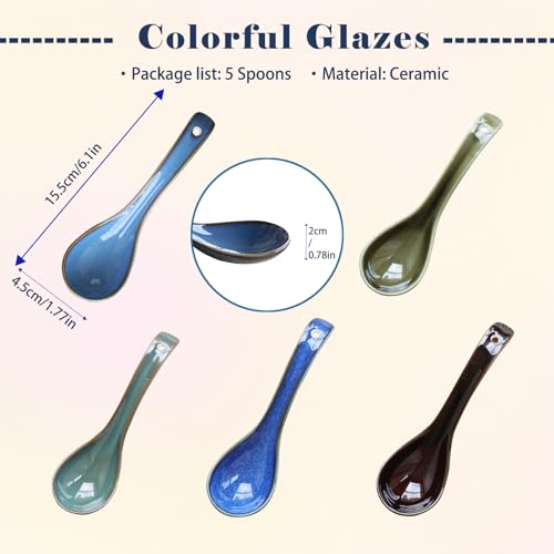 Image of Raelitego 5 /12 pcs Asian Soup Spoon, Ceramic Chinese Soup Spoons, Deep Oval Hook Non-slip Japanese Spoons for Rice Ramen Pho Miso Soup Wonton (5pcs-Dark)