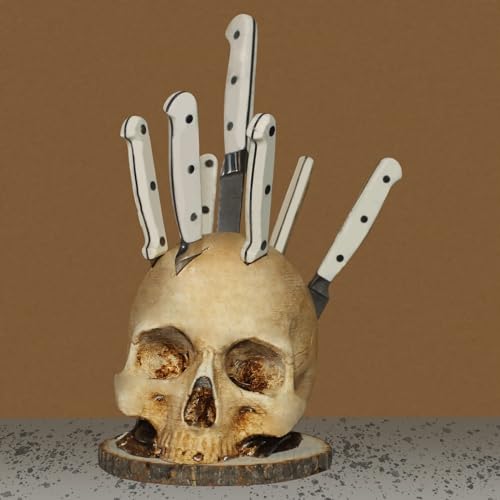 Porte-couteaux tête de mort avec fentes de rangement cuisine et design de crâne réaliste noir