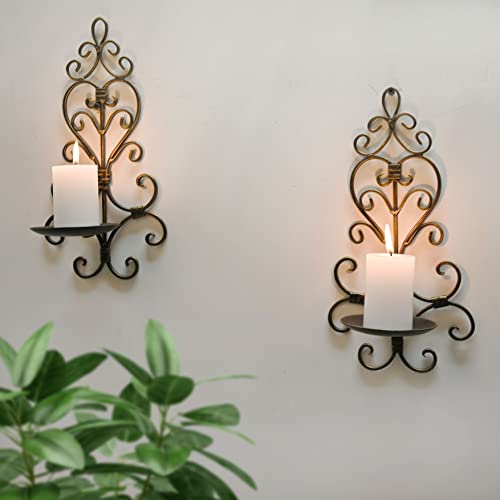 Remenna Scroll Iron Wall Candle Sconce Holder Set Of 2 Hanging Wall Mounted Candle Sconces Holder, Wall Sconces Decor For Living Room Dining Room,Distressed Bronze #TOP3
