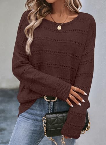 Image of SHEWIN Women's Sweaters Crew Neck Crochet Sweater Lightweight Knit Long Sleeve Tops Shirts Loose Fit Spring 2026