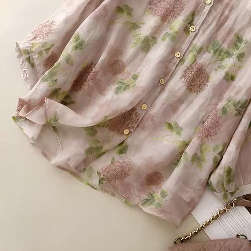 Image of Gufrina Women's Light Rose Floral Printed Button Down Shirt with Mandarin Collar and Relaxed Fit 3 /4 Sleeves