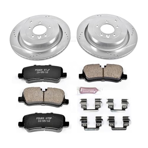 Image of PowerStop Rear Brake Kit for Land Rover LR3 2005-09 |Rover LR4 2010-16 |Rover Range Rover Sport 2006-13 - Drilled and Slotted Disc Rotors with Carbon-Fiber Ceramic Brake Pads Replacement, K6564