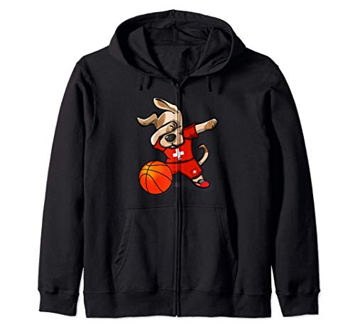 Funny Dabbing Dog Switzerland Basketball - Swiss Flag Sport Zip Hoodie, Black
