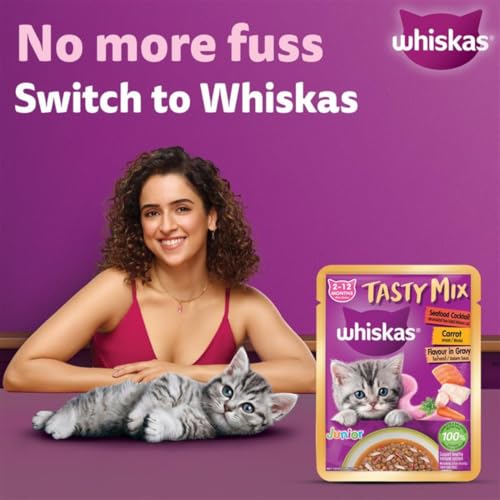 Image of Whiskas Tasty Mix Kitten (2-12 Months) Wet Cat Food, Seafood Cocktail Carrot Flavour in Gravy, 70 g x 28, 100% Complete & Balanced Nutrition for Kittens