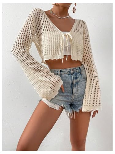 MakeMeChic Women's Boho Plus Size Crochet Cardigan Long Sleeve V Neck Tie Front Sweater Crop Tops2