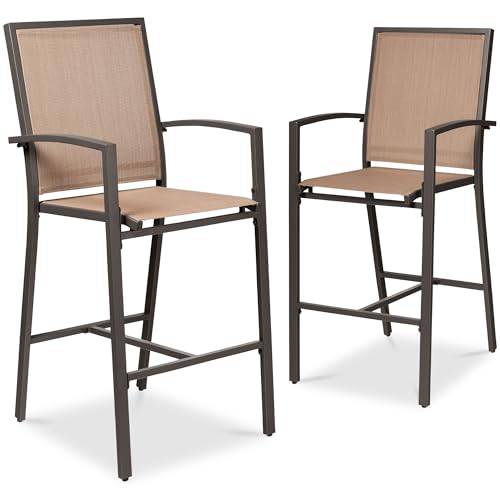 Best Choice Products Outdoor Bar Stools Set of 2 Bar Height Patio Furniture All Weather Mesh Design w/Armrest - Brown/Light Brown
