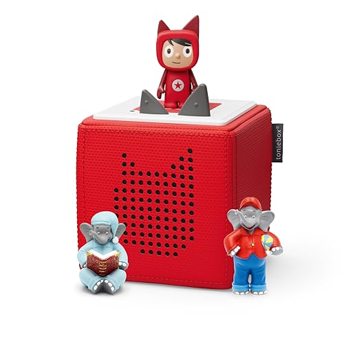 Toniebox Extrapack – Toniebox Starterset Rot mit Kreativtonie + 2 x Benjamin Blümchen Hörfiguren, Audioplayer für Hörbücher und Lieder, kabellose Musikbox mit Benjamin Blümchen Hörspiel