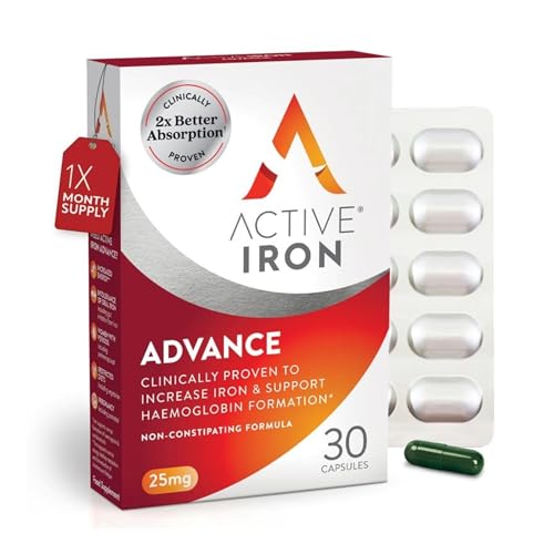 Active Iron Advance Supplement 25 mg – Clinically Proven to Increase Iron & Energy Levels – Gentle, Non-Constipating, Highly Absorbed – 30 Capsules, 1 Month Supply