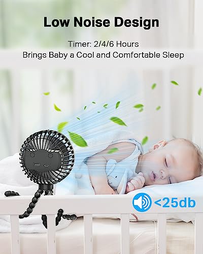 Stroller Fan, Portable Baby Fans with Timer, 4 Speeds 6000mAh Rechargeable Battery Operated Fan for Baby Stroller and Car Seat, Stroller Clip On Fan Travel Accessories, Ventilador Portatil Para Bebe - Thumbnail 5