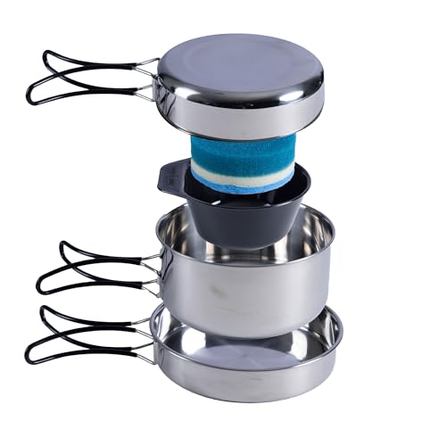 Ready Hour Kit de Cocina para Camping de Acero Inoxidable - Set Compacto de Supervivencia de 5 Piezas con Olla, Sartén, Taza, Estropajo y Bolsa de Transporte