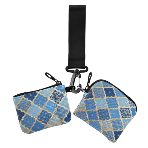 Blue and Gold Japanese Vintage Flowers Women's Dual Wallets Business Card Cases Compact Size Card Money Holder with Wristlet Strap for Ladies 2 Pcs