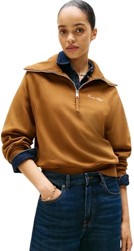 Tommy Hilfiger Sudadera con Cremallera Mujer Classic Script Fleece Media Cremallera, Marrón (Highland Khaki), S