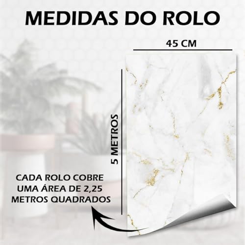 Papel de Parede Adesivo Mármore Branco e Dourado 5 metros