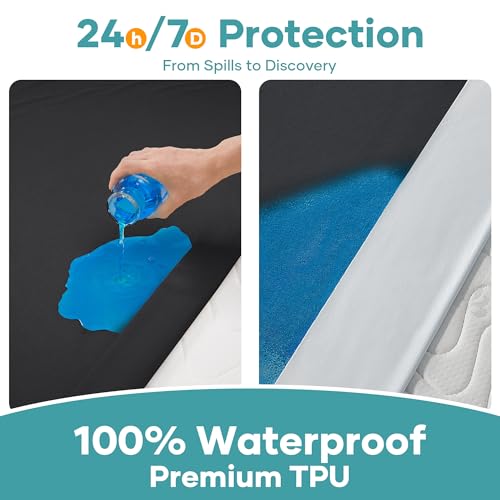 Image of OhGeni Waterproof Mattress Protector, King Size Mattress Pad Fitted with Deep Pocket 6 inch-18 inch, Breathable Noiseless Soft, Washable Dirt-Proof Mattress Cover, Black, More Than 99 pcs fibers, Daybed Cover