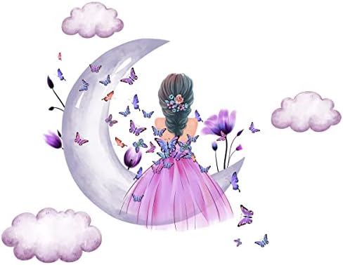 Amazon.com: Watercolor Princess on Moon Wall Stickers for Girls ...