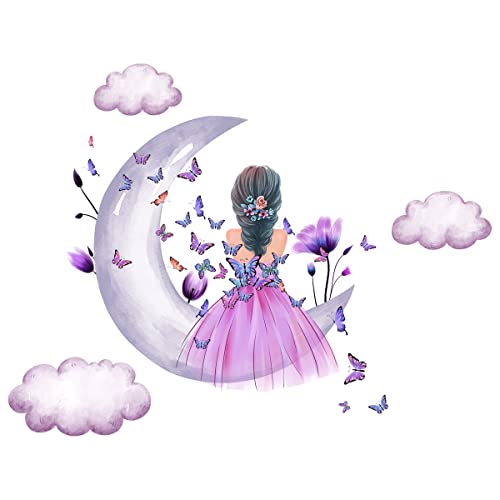 Yotdmk Watercolor Princess On Moon Wall Stickers For Girls Room, Butterfly Flower Clouds Wall Decals For Daughter Room Baby Room Decoration, Vinyl Murals Wall Stickers For Living Room Kids Bedroom #TOP11