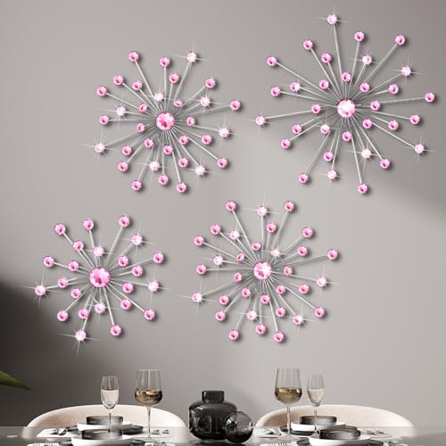 Image of Funnymoom 4 Pcs Starburst Wall Decor Bling Crystal Wall Art Rhinestones Sunburst Home Decorative Bling Hanging Diamond Accents Metal Gold Decor Art for Living Room Bedroom Entryway Office (Pink)