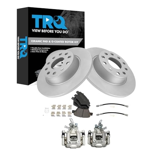 Image of TRQ Rear Brake Pad and Rotor Set Ceramic Coated Calipers Hoses Compatible with 2014-2015 Volkswagen Passat