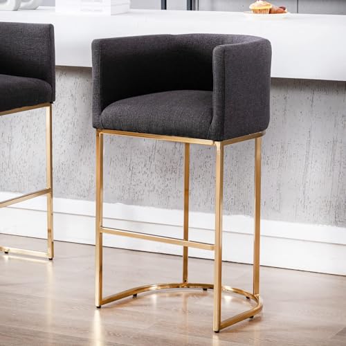 Image of HNY Modern Barrel Counter Height Clearance Bar Stool, 32 Inch Linen Kitchen Barstool with Back for Island, with Gold Metal Tubular Frame, Charcoal