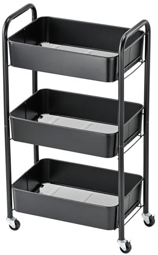 Image of wkokos 3-Tier Rolling Metal Storage Organizer - Mobile Utility Cart Kitchen/Under Desk Cart with Caster Wheels, Black