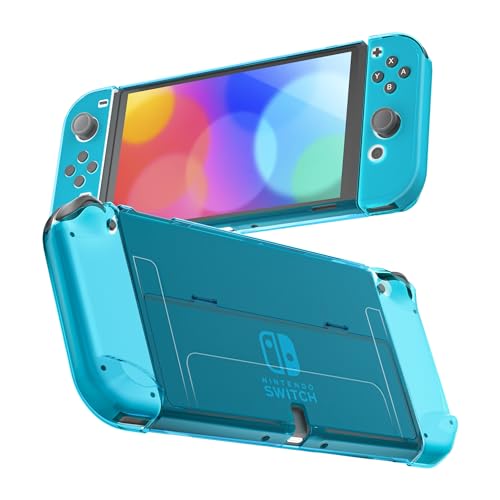 RHOTALL Funda protectora 3 en 1 azul transparente para Nintendo Switch, funda acoplable para Nintendo Switch y controlador Joy Con con cubierta de agarre transparente con purpurina, absorción de