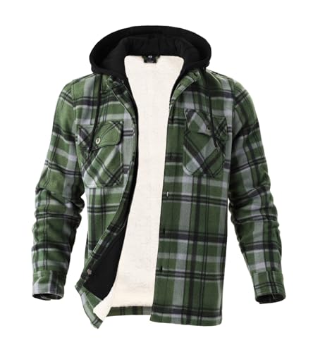 Image of LeeHanTon Mens Heavyweight Hoodies Casual Zip Up Plaid Flannel Shirt Jackets Winter Thick Berber Lined Fleece Coat