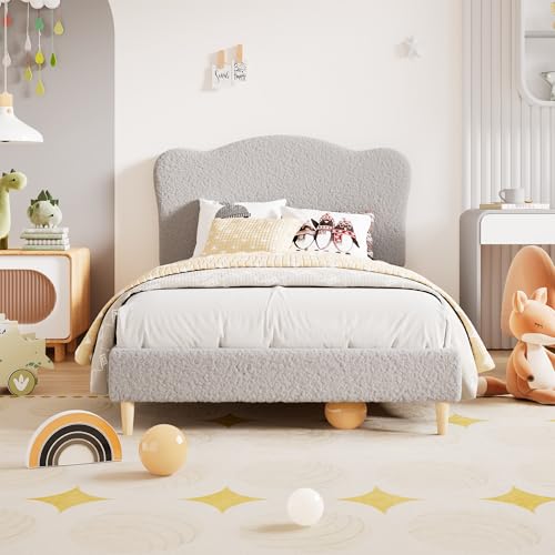 Image of GarveeHome Kids Full Size Bed Frame with Adjustable Headboard, Sherpa Fleece Upholstered Modern Platform Bed Frame Full with Sturdy Wood Slats, No Box Spring Needed, Easy Assembly, Light Grey