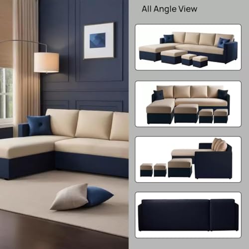 Image of FURNY Arno 8 Seater Fabric LHS Sectional L Shape Sofa Set with 1 Centre Table & 2 Ottomans (Cream-Blue)