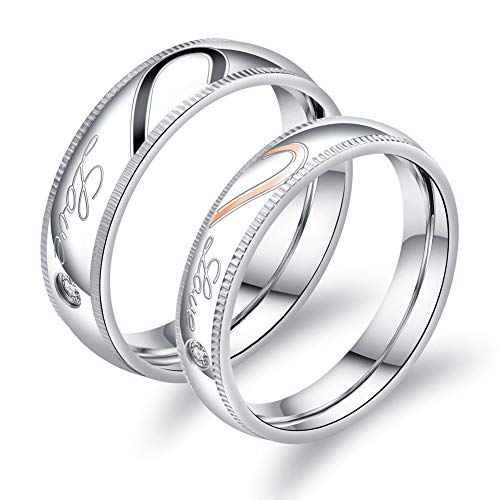 SAINTHERO His & Hers Half Heart Couple Rings Matching Promise Rings Set for Couples Love You Forever Wedding Engagement Bands Top Ring for Him and Her Stainless Steel M9W4