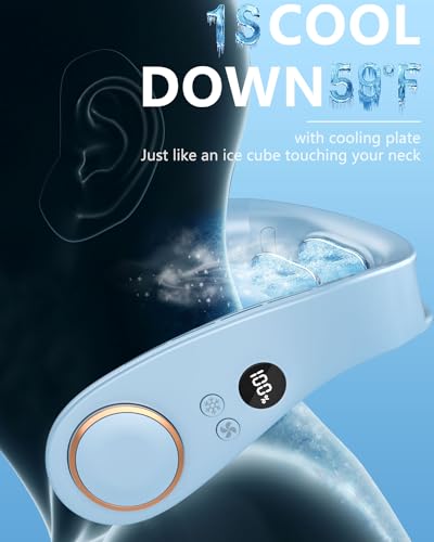 Face Fan Neck Cooler -Around the Neck Air Conditioner Hanging Neck Fan,Cordless Bladeless Headphone Battery Cooling Neck Cooler Device,Birthday Gifts for Home,Office,Outside,Travel,Sports Blue