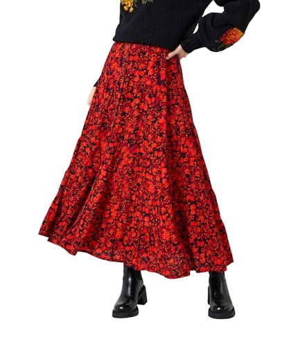 Joe Browns Women's Button-Front Tiered Floral Maxi Skirt, Regular, Orange, UK 14