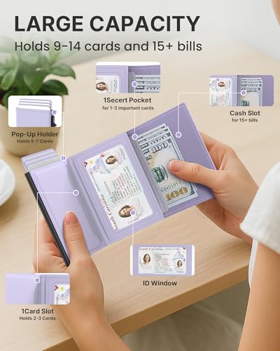 typecase Womens Wallet Card Holder: Pop Up Card Case, Genuine Leather, RFID Blocking, Slim, Minimalist, Thin, Small Size - 9-14 Card Capacitiy, ID Window, Cash Pocket (Ligtht Purple)3