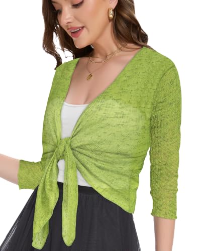 Image of Women Crop Cardigan Sheer Mesh Bolero Shrug for Dress Tie Front 3 /4 Sleeve Tops
