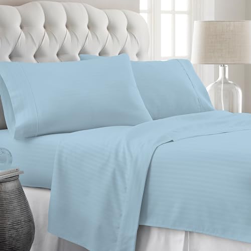 Image of Queen Bedsheet 100% Egyptian Cotton - 400 Thread Count Sheet Set - Includes 1 Flat Sheet & 2 Pillowcases - Durable, Breathable, Luxury Feel, Hotel Style - Sky Blue Striped