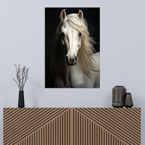 RileyCraftley White Horse Canvas Wall Art – Farmhouse Animal Portrait Print – Modern Rustic Decor for Living Room or Bedroom – Extra Large Horse Painting