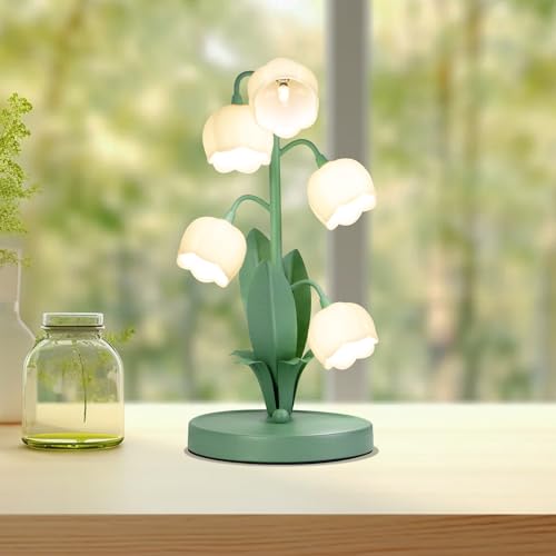Image of WERFOP Vintage Flower Table Lamp for Home, 5 Lily of The Valley Desk Lamps 3 Color Modes Reading Lamp with G4 Led Bulbs for Bedroom, Living Room, Office