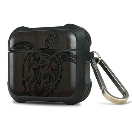 Carveit Custodia in Legno Compatibile con AirPods 4 (2024) Gen Case, Cover Protettiva in Antiurto per Apple AirPods 4 Gen con titanio Moschettone (Legno nero-Design di Tartarughe in Stile)
