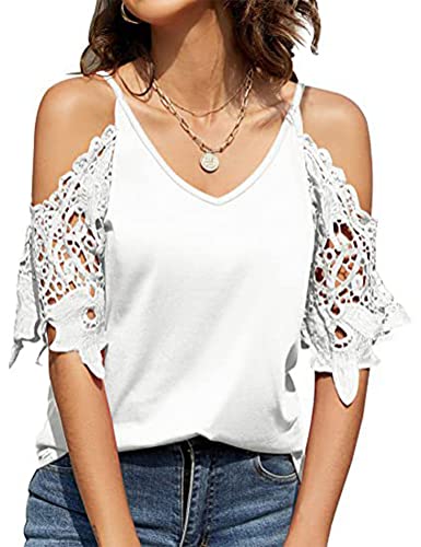 Onsoyours Chemise D'été Élégante Tunique à Manche Intermédiaire pour Femme en Dentelle Epaules Dénudées Col en V T-Shirt Brodé en Dentelle Ample A...