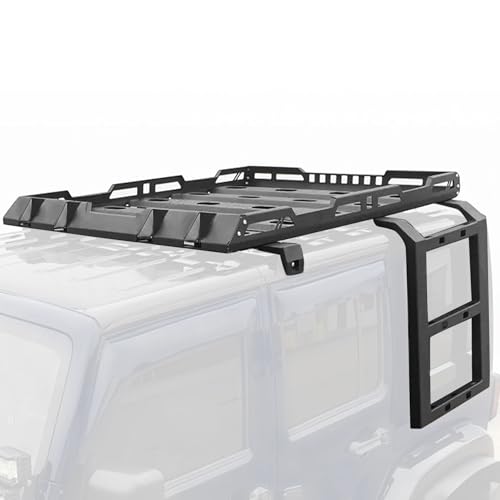 Peforway Hard Top Basket Roof Rack w/Ladder fit for Jeep Wrangler Unlimited JK JKU 2007-2018 2 Doors & 4 Doors Cargo Basket Luggage Carrier Heavy Duty Steel Rooftop Rack (You Will get 2 Packages)