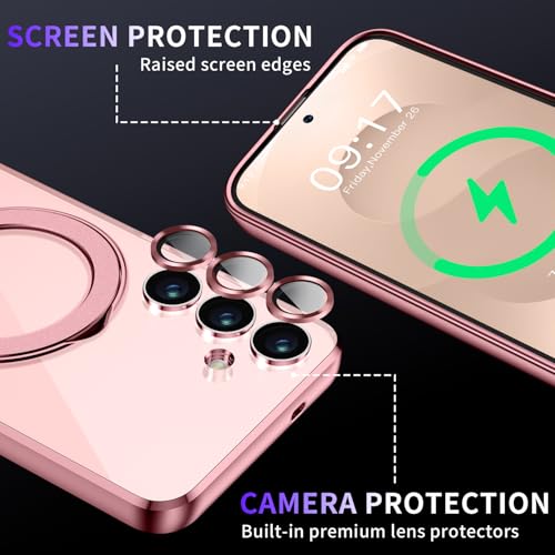 Image of Magnetic Stand & Full Camera Lens Protector Case for Samsung Galaxy S25 Plus [Compatible with MagSafe][Military Drop Protective]Not Yellowing Clear Slim Soft S25 Plus Phone Case for Women Men,Pink