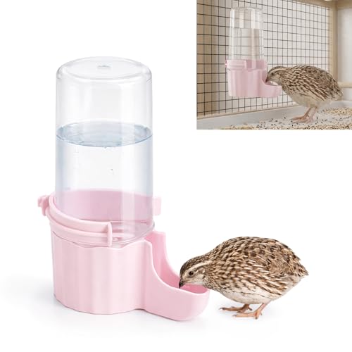 Quail Chick Waterer with Anti-Drowning Shallow Tray 16.6 fl oz Automatic Gravity Button Quail Waterer Hanging or Free-Standing Bird Water Dispenser for Wire Mesh Cages and Brooders (Pink)