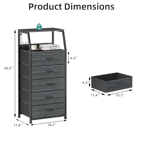 Mexin Vertical Dresser for Bedroom, Fabric Dresser with 5 Drawers, Metal Frame, Wide Storage Chest of Drawers for Living Room, Black by Mexin - Image 3