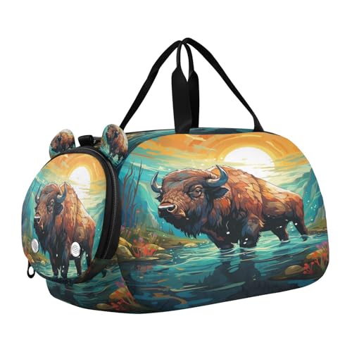 Bisonte De La Acuarela De Lujo Bolsa de Deporte para NatacióN Gimnasio con Compartimento para Zapatos,Bolsa de Viaje Tipo Fin de Semana Bolso de Mano para NiñAs