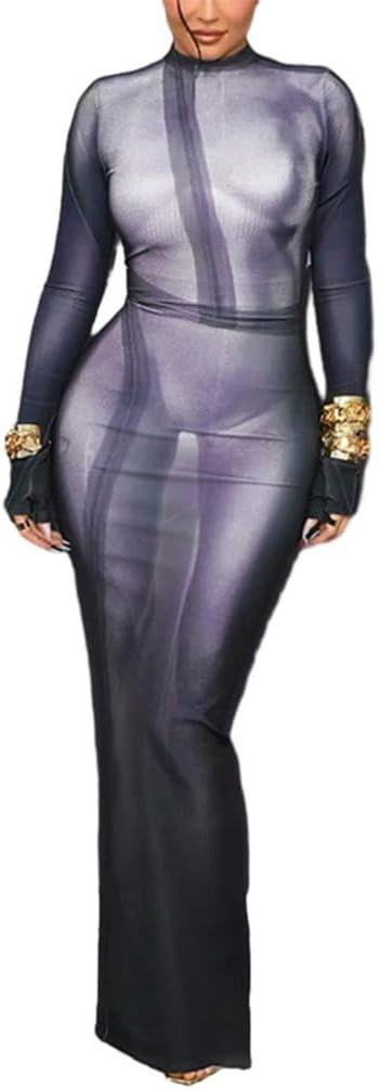 Women's Long Sleeve Bodycon Dress Unique 3D Print Sexy Body-Shaping Party Clubwear Long Maxi Pencil Dress