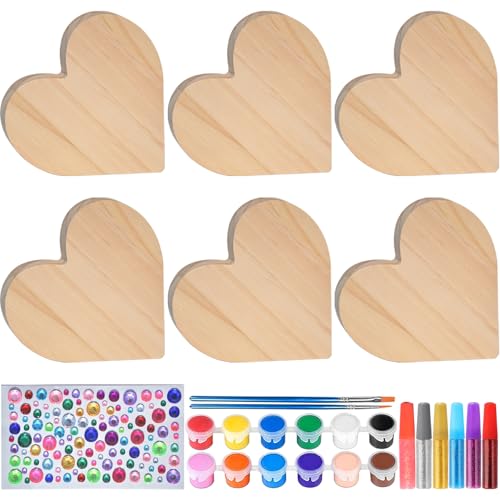 Golabarell Wood Heart Painting Kit 6 Unfinished Wooden Hearts with Craft Paint Set for Couples Activity Blank Heart Signs for DIY Crafts Personalized Tabletop Decor and Romantic Gift